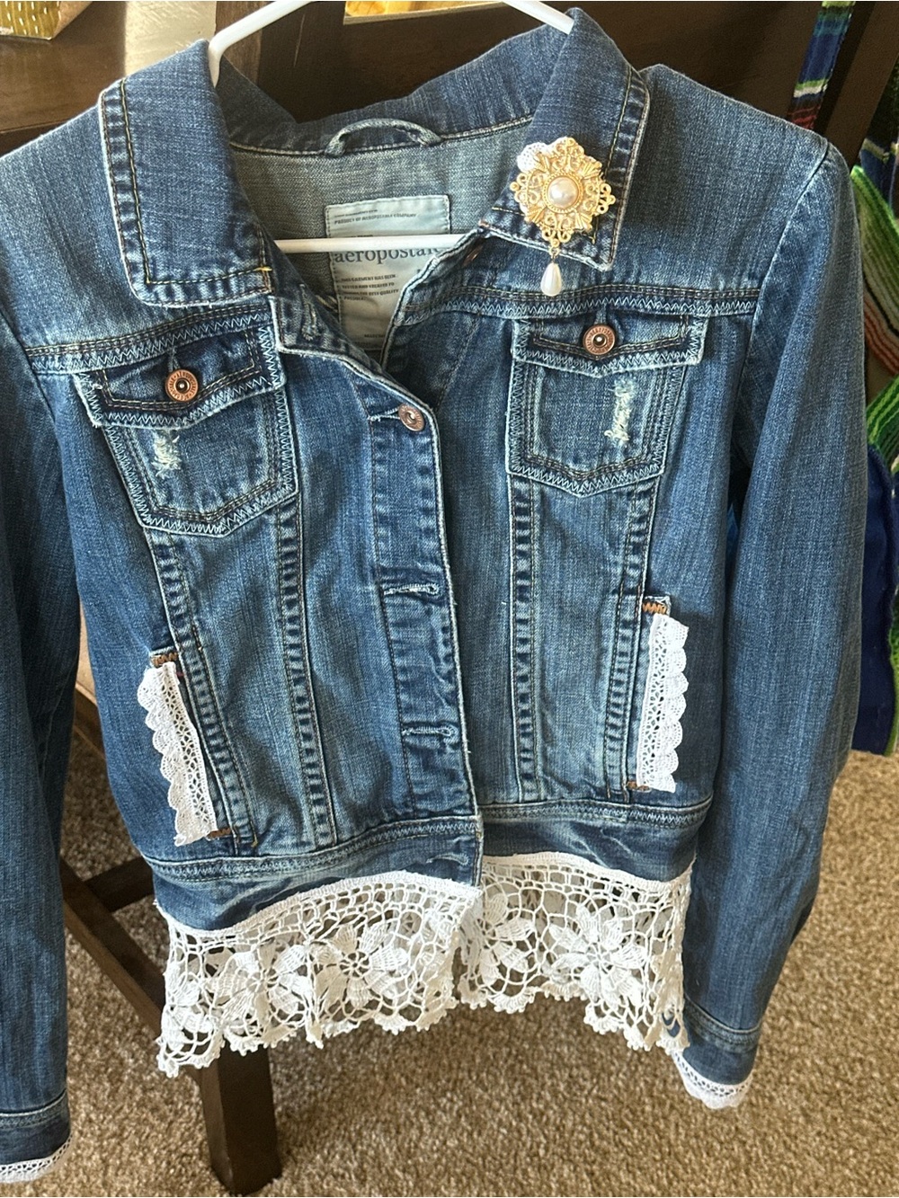 Trendy Upcycled Denim Jacket With Vintage Lace